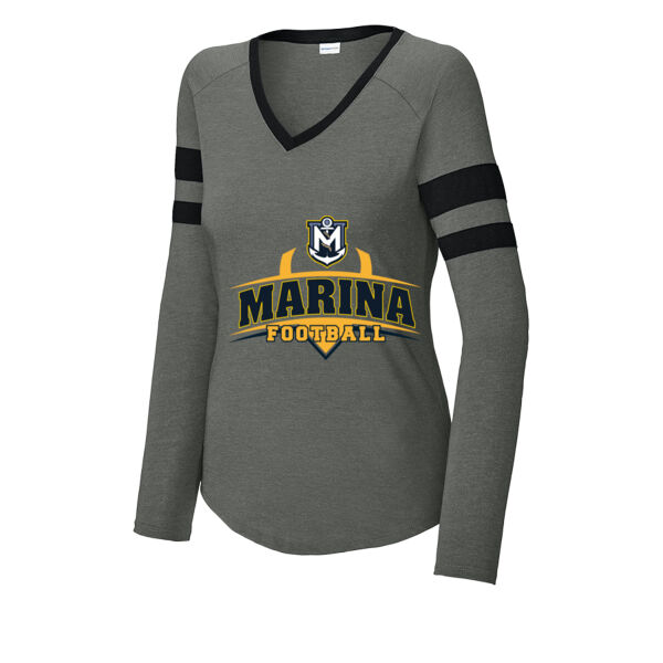 Marina Football - Navy Ladies Halftime Stripe Long Sleeve V Neck Tee Thumbnail
