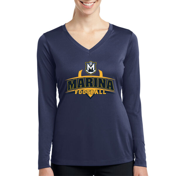 Marina Football - Navy Ladies Long Sleeve PosiCharge Competitor V Neck Tee Thumbnail